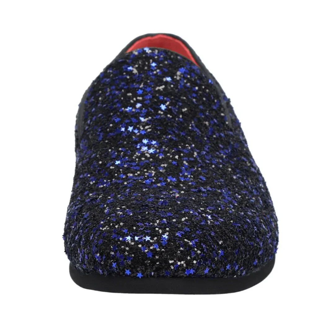 Santimon Men's US 7.5-12 Blue Sequins Glitter Smoking Loafers Casual Shoes  Plea